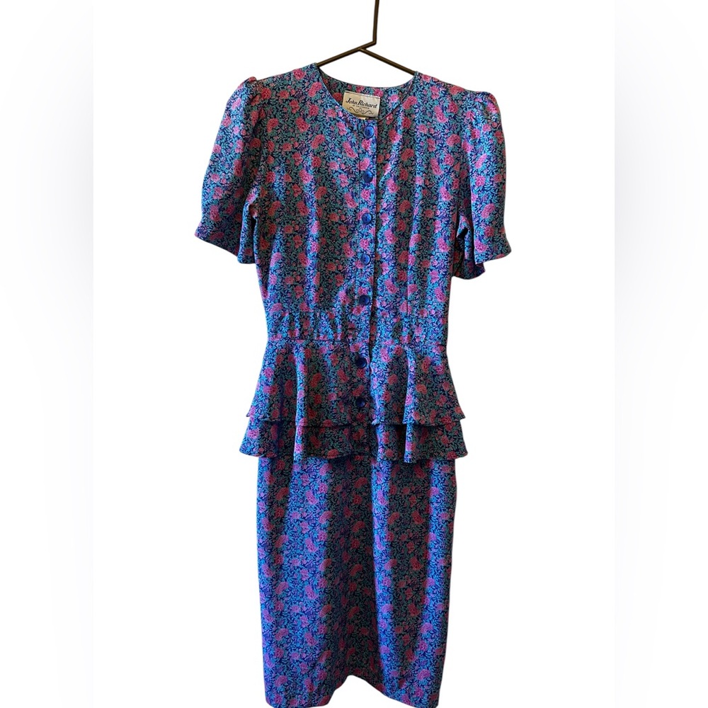 Vintage John Richard Floral Peplum Dress 80s Button Front Shoulder Pads Small